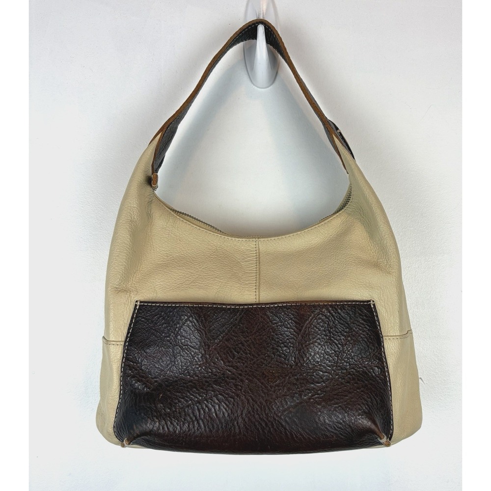 Bob Timberlake Pebbled Leather Hobo Handbag Purse Shoulder Tote Cream Brown